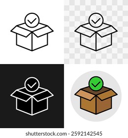 Purchase success delivery concept line style parcel open box received with checkbox. The shipment was checked and received successfully. Editable stroke.