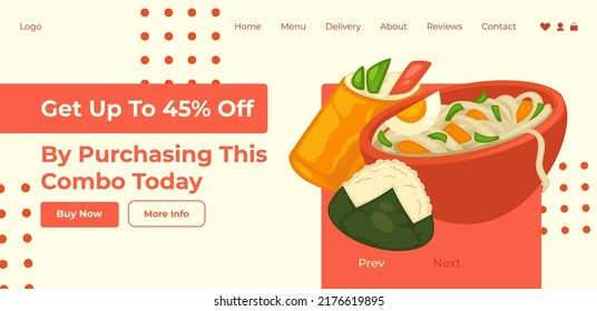 Purchase this combination today and get up to forty five percent off. Discount and sale on meal in restaurant, cafe services. Website landing page template, online site. Vector in flat style