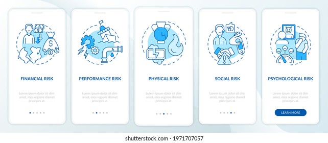 Purchase threat features onboarding mobile app page screen with concepts. Financial, social risks walkthrough 5 steps graphic instructions. UI, UX, GUI vector template with linear color illustrations