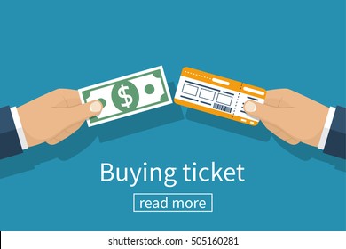 Purchase tickets in cash. Money and tickets in the hands of men, doing the exchange. Vector illustration flat design.