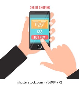 Purchase tickets online for the smartphone. Shopping online business, buy online concept. Vector illustration. 