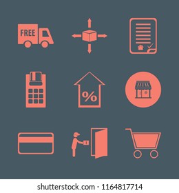 purchase vector icons set. with courier gives parcel, free delivery, percent up and shopping cart in set