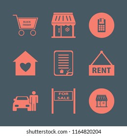 purchase vector icons set. with house rent, sale sign, man with car and house heart in set