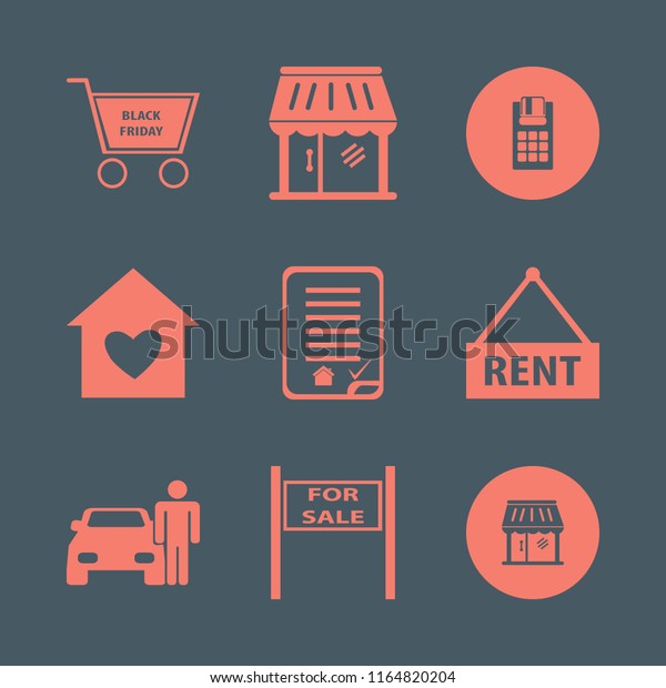 purchase vector icons set. with house\
rent, sale sign, man with car and house heart in\
set