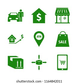 purchase vector icons set. with man with car, parcel four directions, mobile shopping and house rent in set