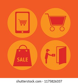 purchase vector icons set. with mobile shopping, courier gives parcel, shopping cart and shopping bag in set