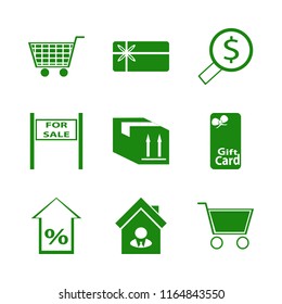 purchase vector icons set. with percent up, gift card, looking money and shopping cart in set