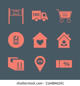 purchase vector icons set. with shopping cart, atm location, sale sign and house seller in set