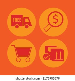 purchase vector icons set. with shopping cart, looking money, free delivery and parcel box in set
