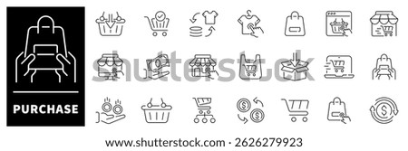 Purchase vector icons. Set of thin lone icons related to purchase and shopping. Online shopping, store, delivery, shopping cart, buy, order, purchase icons