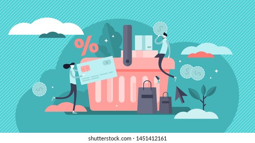 Purchase vector illustration. Flat tiny customer buy products persons concept. Percentage promotion symbol in online store. Consumer transaction for deal order. Checkout with payment for trade service