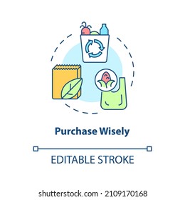 Purchase wisely concept icon. Buy disposable bags. Minimize waste abstract idea thin line illustration. Isolated outline drawing. Editable stroke. Roboto-Medium, Myriad Pro-Bold fonts used
