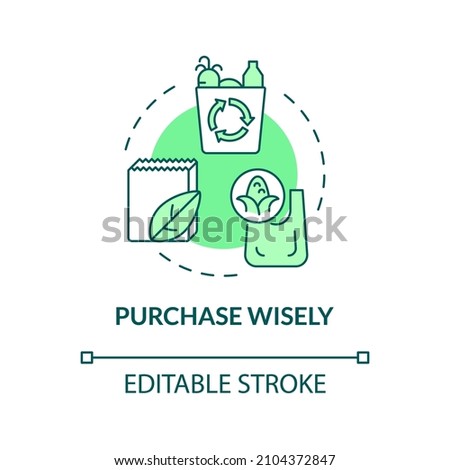 Purchase wisely green concept icon. Buy disposable bags. Minimize waste abstract idea thin line illustration. Isolated outline drawing. Editable stroke. Roboto-Medium, Myriad Pro-Bold fonts used

