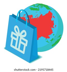 Purchase Worldwide Icon Isometric Vector. Shopping Bag On Globe Icon Background. Worldwide Delivery, World Logistic, Ecommerce, Business