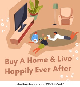 Purchase your own dwelling, house or apartment and live happily ever after. Family buying home for life, couple with child in living room. Banner or advertisement promotion. Vector in flat style