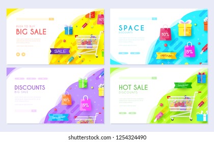 purchased in the shop information. Shopping brochure card set. Businesses for sale template of flyear, web banner, ui header, enter site. Layout invintation modern