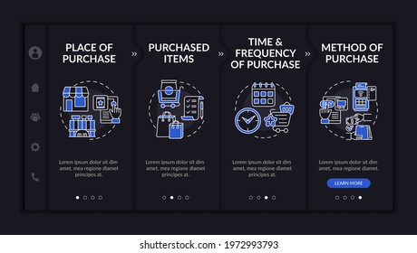 Purchaser behavior patterns onboarding vector template. Responsive mobile website with icons. Web page walkthrough 4 step screens. Purchase time, frequency night mode concept with linear illustrations
