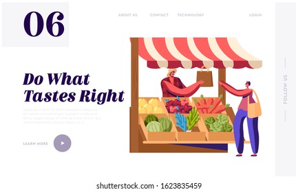 Purchaser Buying Ecological Healthy Organic Local Food Website Landing Page. Farmer Sell Fresh Fruit and Vegetable Products at Counter Desk Farm Market Web Banner. Cartoon Flat Vector Illustration