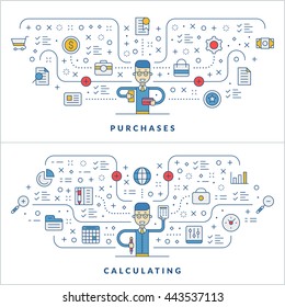 Purchases. Calculating. Flat line icons and businessman cartoon character. Business concept. Vector thin line illustration for website banner template or header