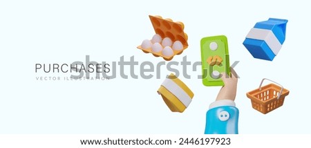 Purchases concept in 3D style. Hand with money, carton of milk, box of eggs, paper bag, cart
