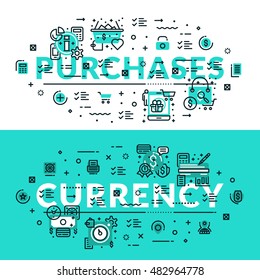 Purchases and Currency heading, title, web banner. Horizontal colored in white and turquoise flat vector illustration.?