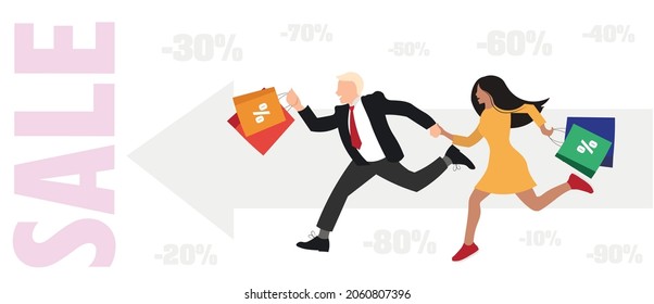 Purchases and discounts. Buyers - men and women - run to the sale for shopping. Holiday sale. Vector illustration
