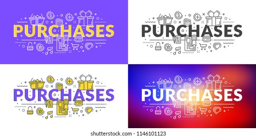 Purchases. Flat line illustration concept for web banner and printed materials. Vector illustration in 4 different styles
