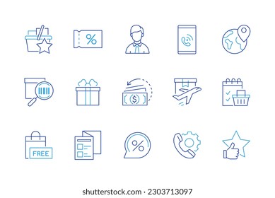 Purchases of goods - set of modern line design style icons on white background. Discount coupons, barcode, gift box, free surprise, percentage, wish list, shopping cart, money back, promotion brochure