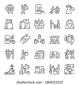 Purchases, icon set. People shopping, linear icons. Selection, payment and delivery of goods. Line with editable stroke