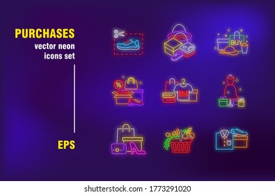 Purchases neon signs set. Clothes and footwear, organic food, shopping bags, new arrival. Night bright advertising. Vector illustration in neon style for retail banners, sale posters, discount coupons