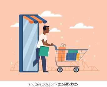 Purchases online concept. Man with cart of products and goods, regular buyer or consumer. Modern technologies and home delivery, shops or supermarkets on Internet. Cartoon flat vector illustration