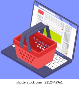 Purchases, orders in online store concept. Products sale and clothing boutique in computer program. Buying online with website for Internet shopping. Digital marketing and virtual shop in laptop