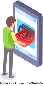 Purchases, orders in online store. Products sale in computer program. Buying online with website for Internet shopping. Digital marketing and virtual shop in smartphone. Customer with shopping cart