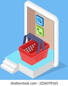 Purchases, orders in online store. Products sale in smartphone program. Buying online with website for Internet shopping. Digital marketing and virtual shop in smartphone. Customer with shopping cart