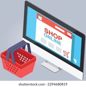 Purchases, orders in online store. Products sale in computer or phone. Buying online with website for Internet shopping. Digital marketing and virtual shop in smartphone. Monitor with shopping cart