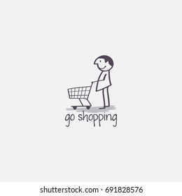 For purchases painted man with a stroller, illustration. Sale of large purchases