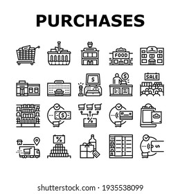Purchases And Shopping Collection Icons Set Vector. Food And Clothes, Electronics And Drinks Market Shopping, Seasonal Sale And Seller Black Contour Illustrations