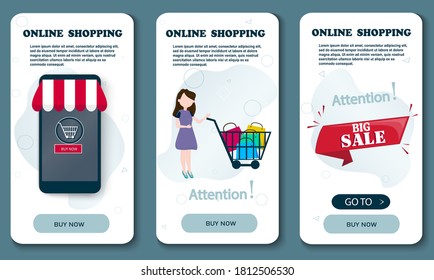 Käufe über die mobile App. Online einkaufen, indem Sie auf dem Touchscreen die Taste "Kaufen" drücken. Das Mädchen trägt die gekauften Waren im Warenkorb. Großer Rabatt, bestes Angebot. Vektorbild.

