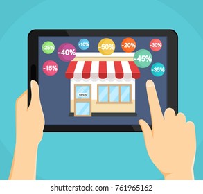 Purchases using a tablet computer. Cashless settlement. Buying and selling things using the Internet. In flat style on blue background. Cartoon.