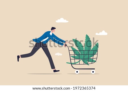 Purchasing cannabis CBD or buying marijuana for medical concept, happy patient man pushing shopping cart with cannabis leaf.