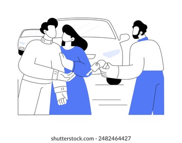 Purchasing a car isolated cartoon vector illustrations. Young couple buying a new car from a salon, handing over keys, happy people make expensive purchase, city transportation vector cartoon.