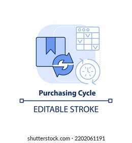 Purchasing Cycle Light Blue Concept Icon. Procurement Strategy Abstract Idea Thin Line Illustration. Business Process. Isolated Outline Drawing. Editable Stroke. Arial, Myriad Pro-Bold Fonts Used