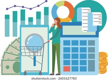 Purchasing data and woman illustration