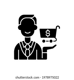 Purchasing department black glyph icon. Responsibility for buying goods, products. Inventory management. Identifying reliable suppliers. Silhouette symbol on white space. Vector isolated illustration