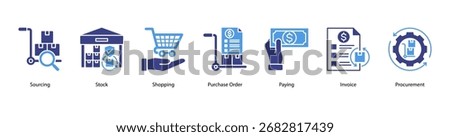 Purchasing and Documentation web banner icon vector illustration with Sourcing, Stock, Shopping, Purchase Order, Paying, Invoice, and Procurement for effective buying and financial processes.