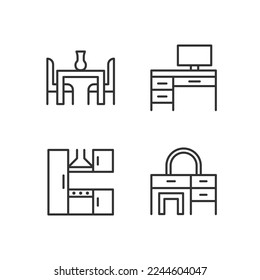 Purchasing furniture pixel perfect linear icons set. Furnishing for kitchen and bedroom. Dining table. Workspace. Customizable thin line symbols. Isolated vector outline illustrations. Editable stroke