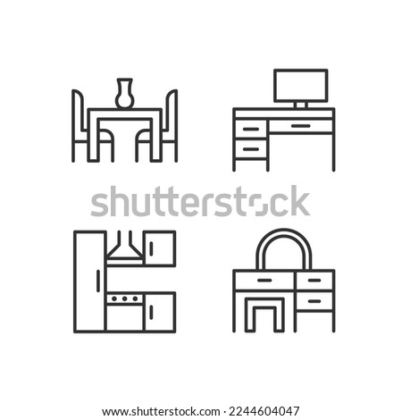 Purchasing furniture pixel perfect linear icons set. Furnishing for kitchen and bedroom. Dining table. Workspace. Customizable thin line symbols. Isolated vector outline illustrations. Editable stroke