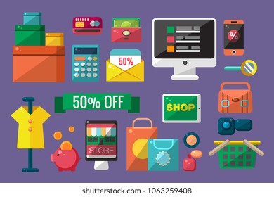 Purchasing goods in internet store set, online shopping vector Illustrations
