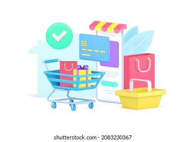 Purchasing goods online at smartphone application retail website with shopping bag, gift boxes and trolley 3d icon vector illustration. Isometric template choosing buy grocery market isolated on white