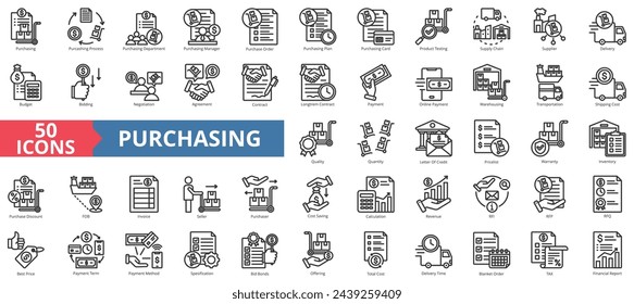 Purchasing icon collection set. Containing order, plan, supply chain, supplier, delivery, negotiation, agreement icon. Simple line vector illustration.